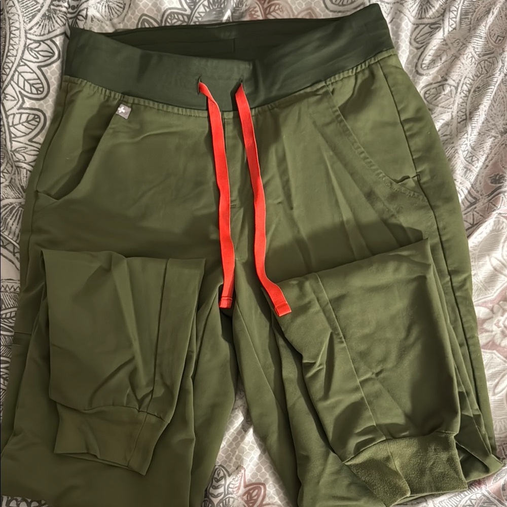 Figs Olive Green Track Joggers with Red Drawstring